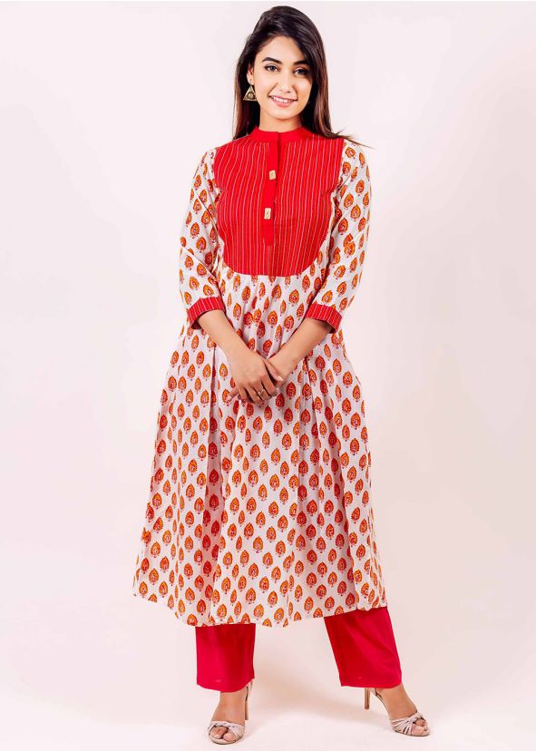 Readymade White Red Block Printed Kurta Pant Set