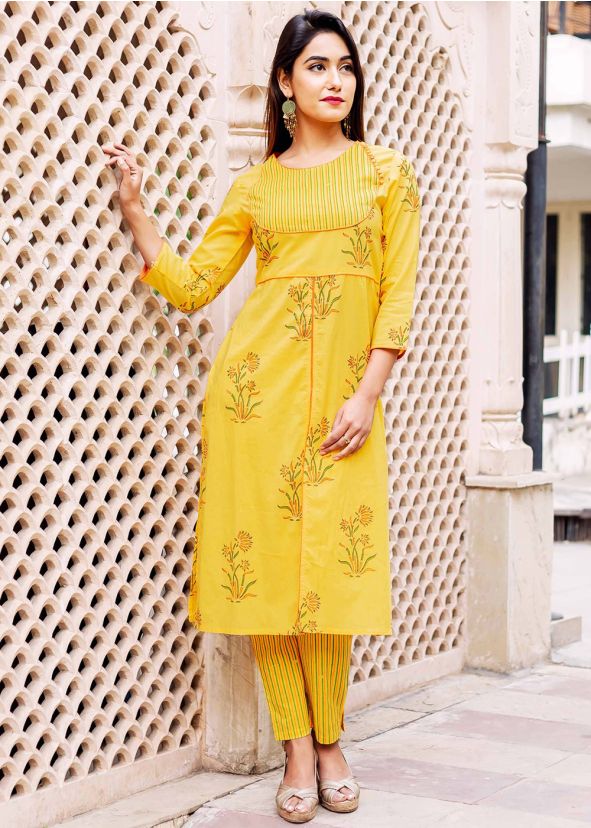 Yellow Floral Block Printed Readymade Kurta Pant Set