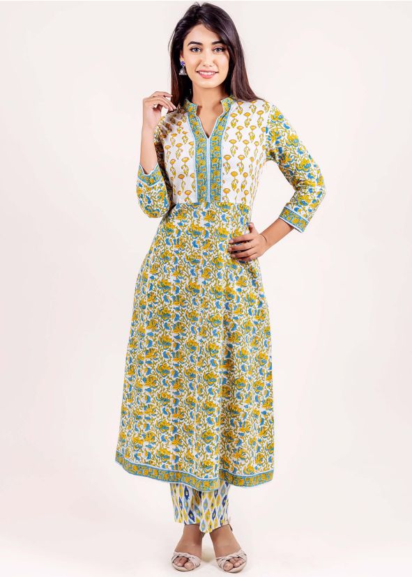 Readymade Multicolor Block Printed Kurta Pant Set