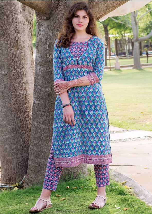 Readymade Blue Block Printed Kurta Pant Set