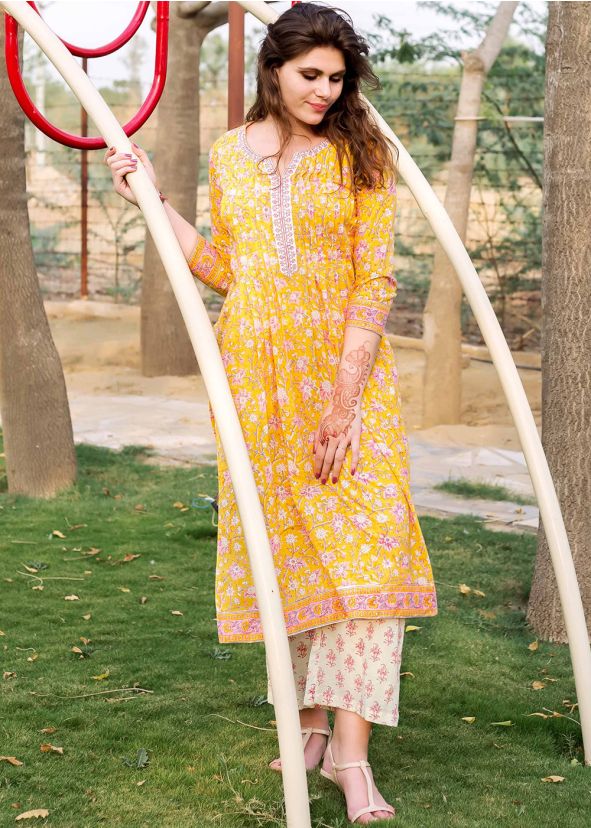 Readymade Block Print Kurta Set In Yellow