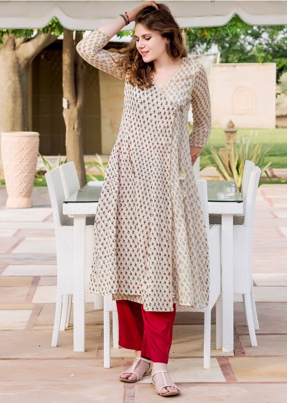 Cream Block Print Angrakha Style Kurta Set