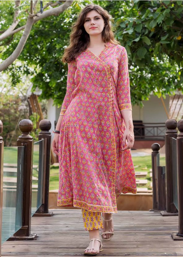 Indo Western Clothing - Buy Pink Angrakha Style Block Printed Indian Kurta Set Online