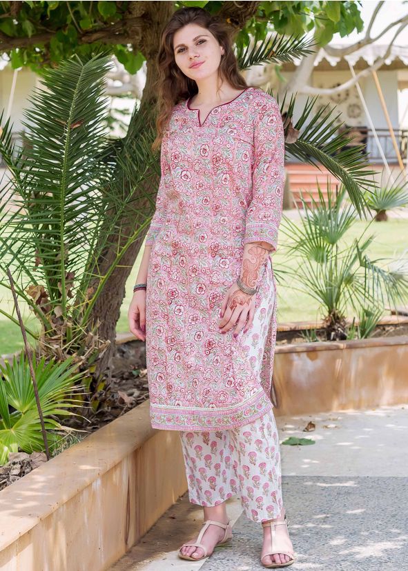 Light Pink Block Print Straight Cut Kurta Set 