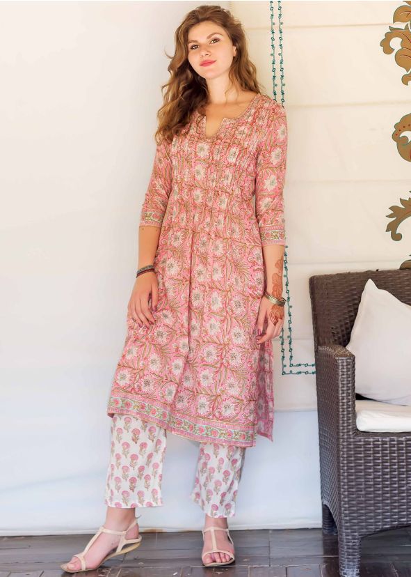 Pink Block Printed Pin Tucks Kurta Pant Set