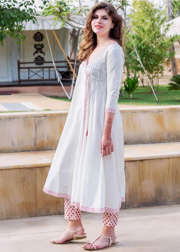 Angrakha Style Printed Kurta Set In White