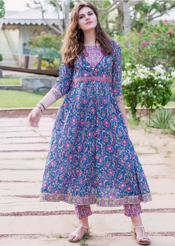 Readymade Block Print Floral Blue Kurta Set