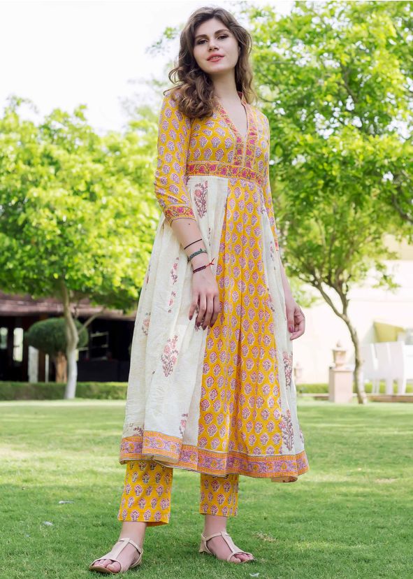 White and Yellow Block Print Kurta Pant Set