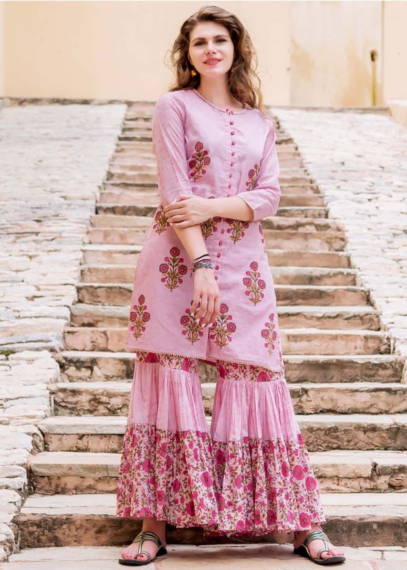 Pink Block Print Chanderi Indian Kurtis Online Shopping With Sharara USA