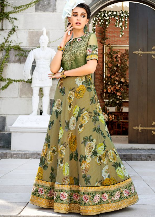 Green Floral Digital Print Readymade Gown