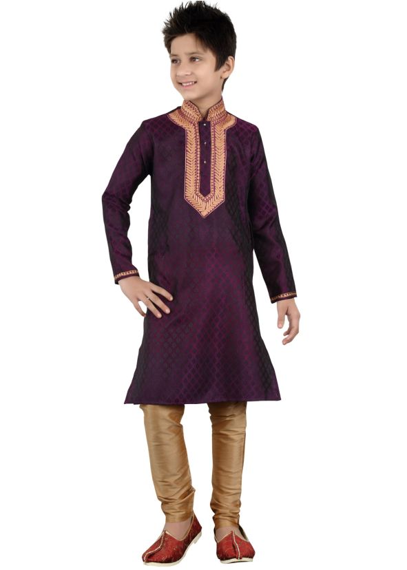 Readymade Purple Brocade Kids Kurta Pajama