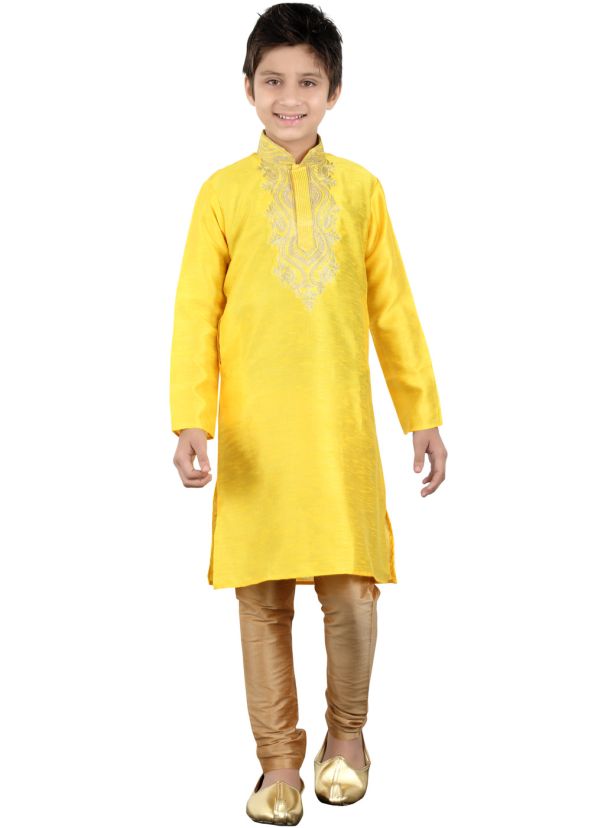 Readymade Yellow Art Silk Kids Kurta Pajama