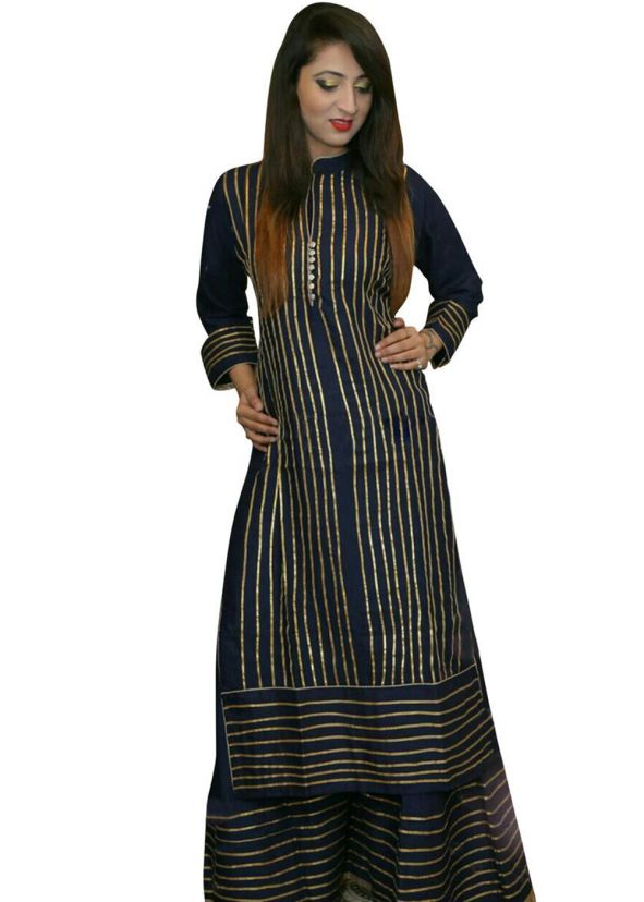 Navy Blue Straight Cut Long Kurta Palazzo Set