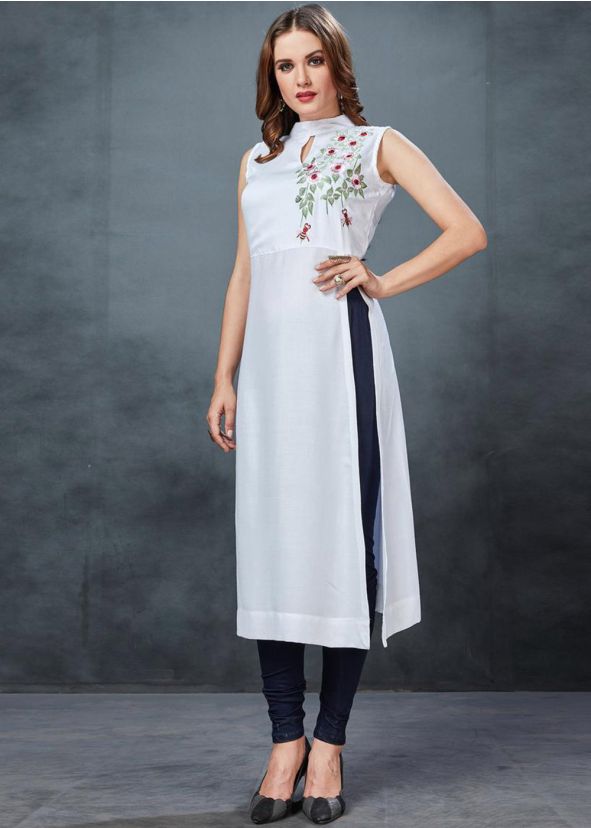 White Side Slit Readymade Long Kurta Set