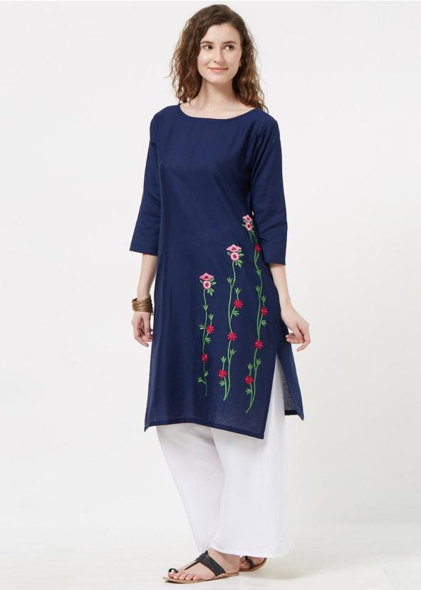 Navy Blue Embroidered Long Kurta Palazzo Set