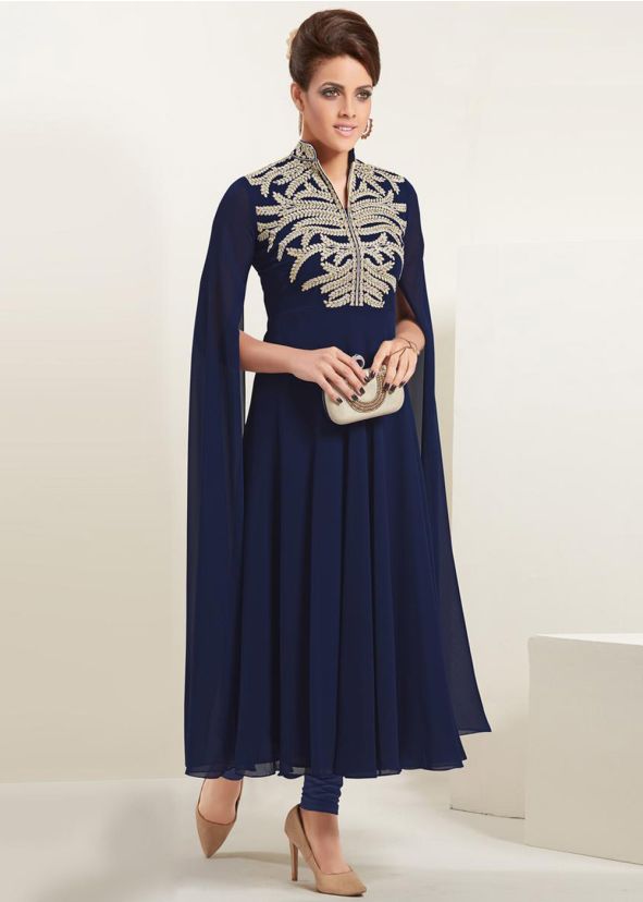 Navy Blue Cape Style Sleeved Long Kurta Set