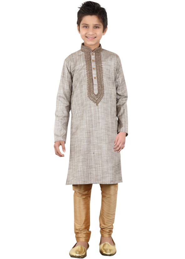 Readymade Grey Art Silk Cotton Kids Kurta Pajama