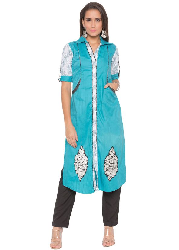 Readymade Blue Front Slit Kurta Pant Set 