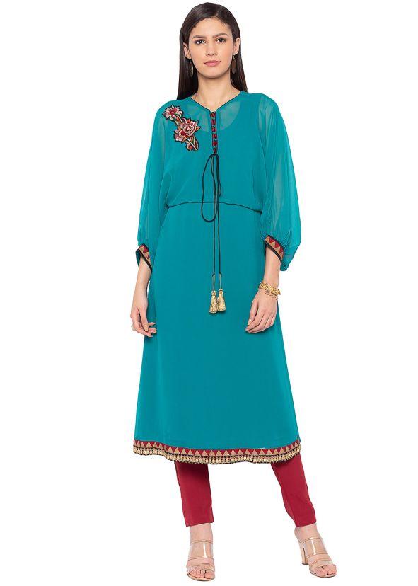 Readymade Straight Cut Kurta Pant Set In Blue