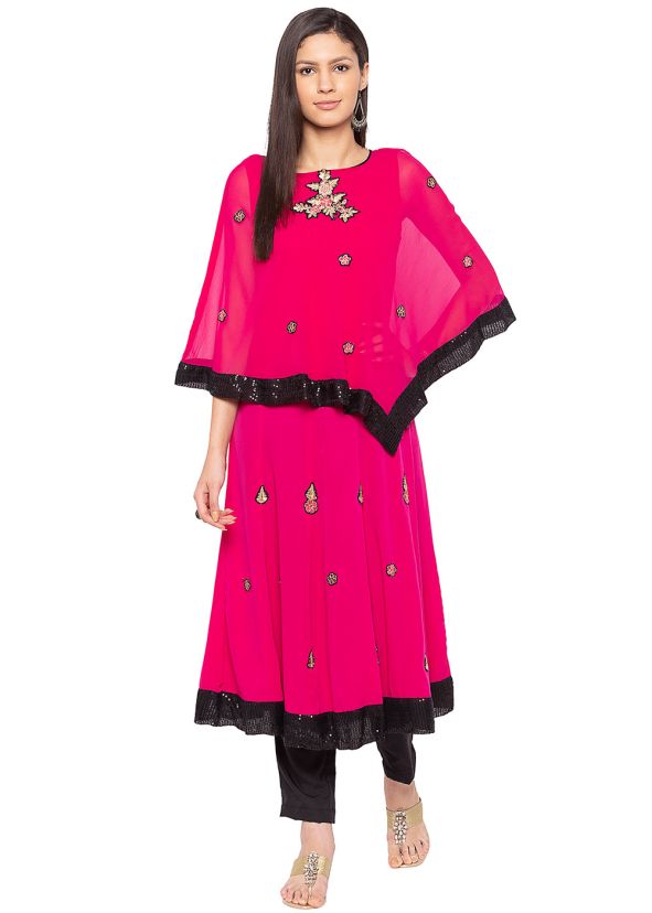 Pink Cape Style Asymmetric Long Kurta Pant Set