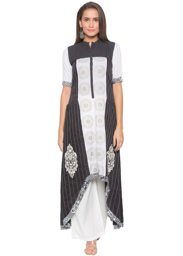 White Black Asymmetric Printed Kurta Palazzo Set