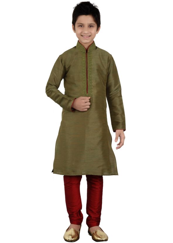 Readymade Dark Olive Green Art Silk Kids Kurta Pajama