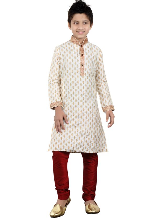 Readymade Cream Art Silk Kids Kurta Pajama