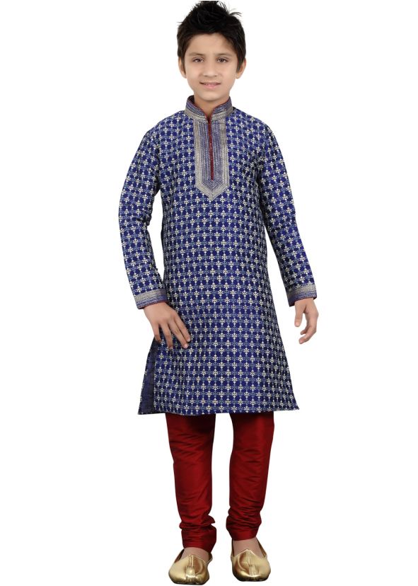 Readymade Navy Blue Art Silk Kids Kurta Pajama