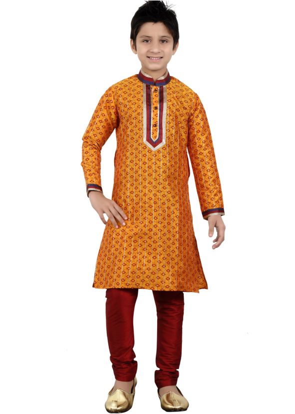 Readymade Orange Art Silk Kids Kurta Pajama