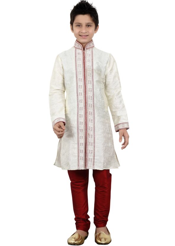 Readymade Off White Art Silk Kids Kurta Pajama