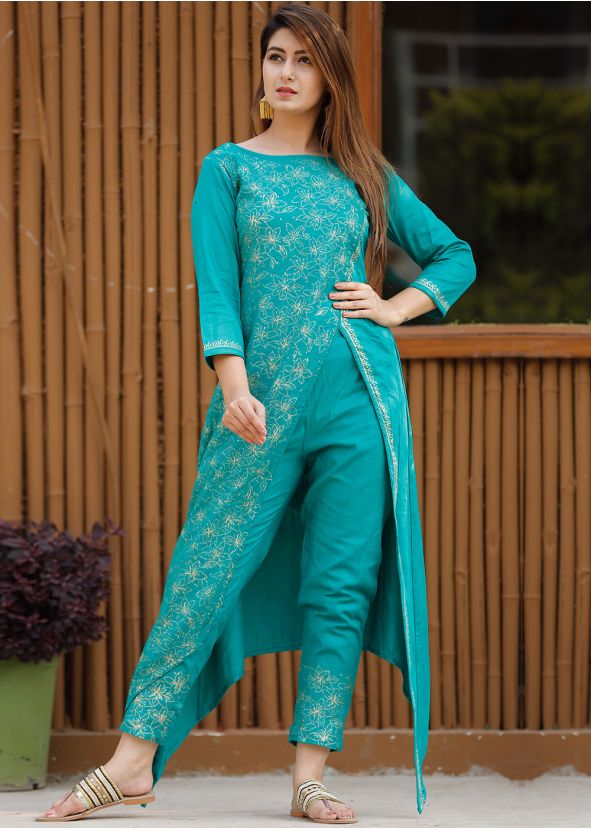 Blue Readymade Printed Asymmetric Kurta Pant Set