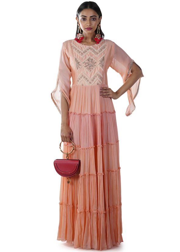 Peach Ruffled Readymade Embroidered Gown