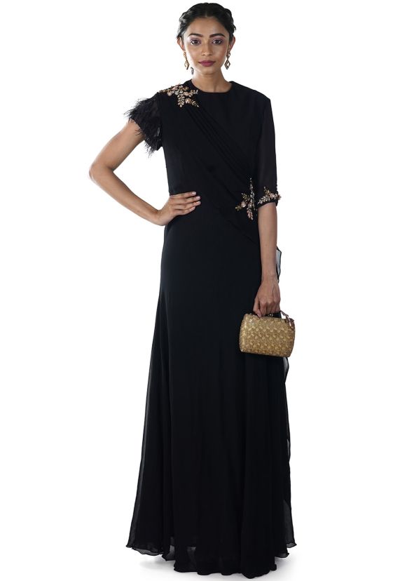 Black Hand Embroidered Feathered Sleeves Gown