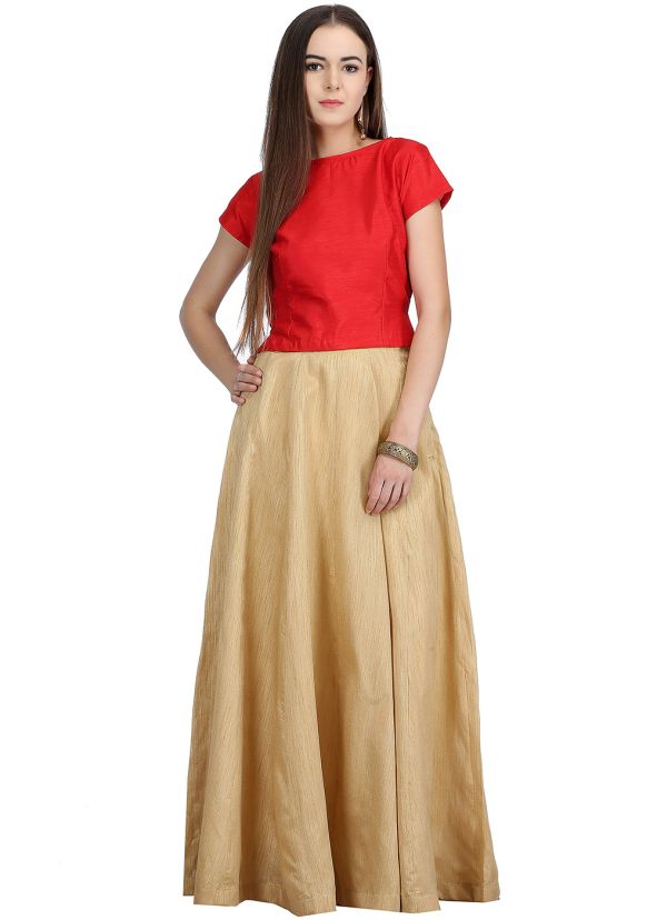 Readymade Beige Dupion Silk Long Skirt Top Set