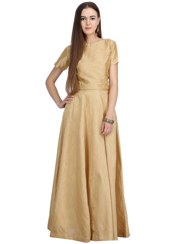 Beige Readymade Dupion Silk Long Skirt With Top