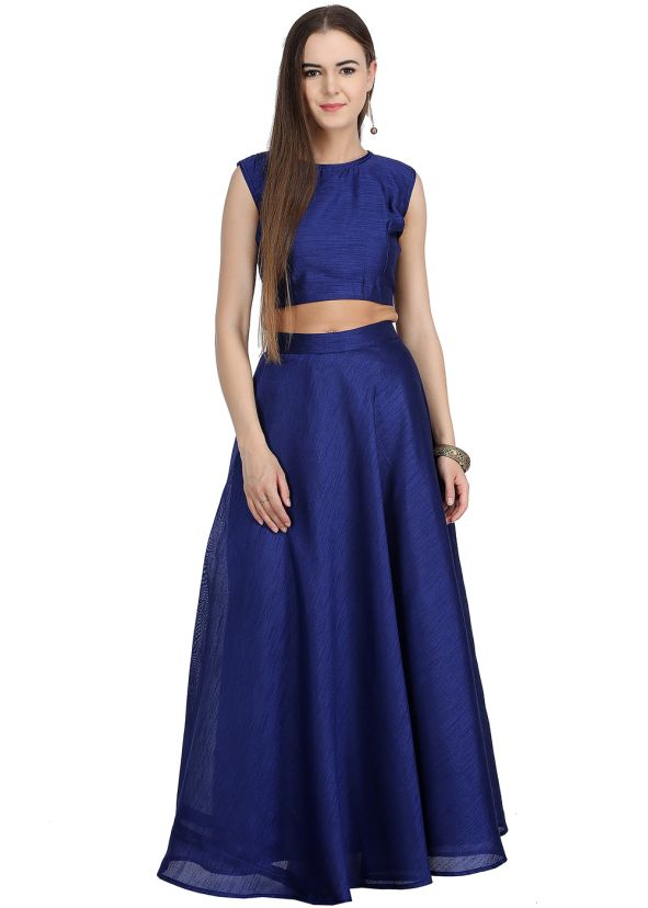 Navy Blue Readymade Dupion Silk Long Skirt Top Set