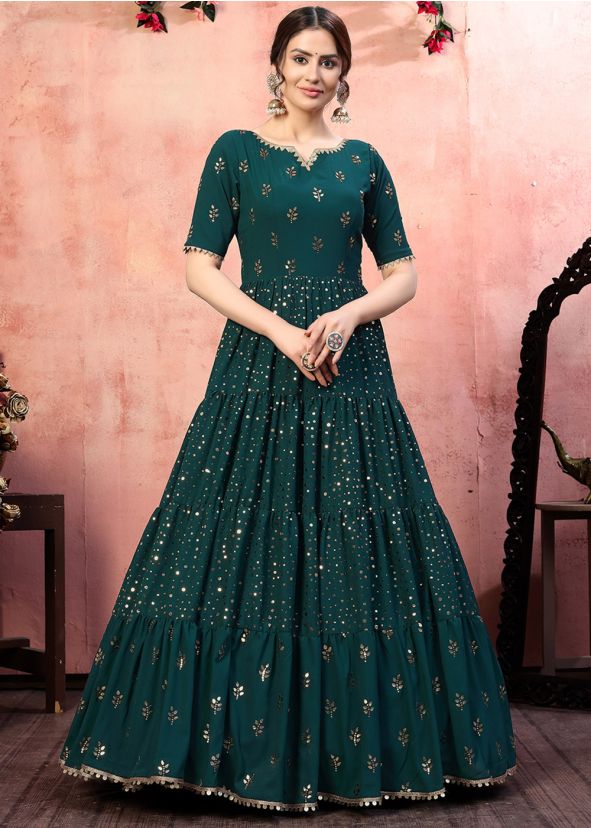 Green Georgette Tiered Style Sequins Embellished Gown