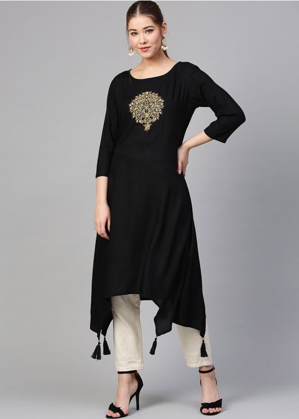 Black Readymade Asymmetric Kurta Pant Set