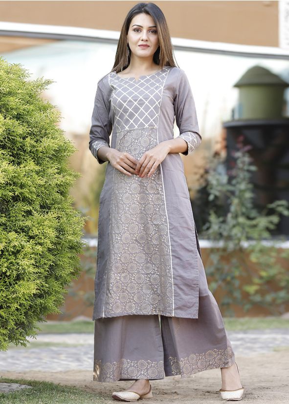 Grey Readymade Block Printed Kurta With Palazzo 