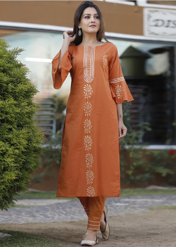 Orange Bell Sleeved Block Print Kurta Pant Set