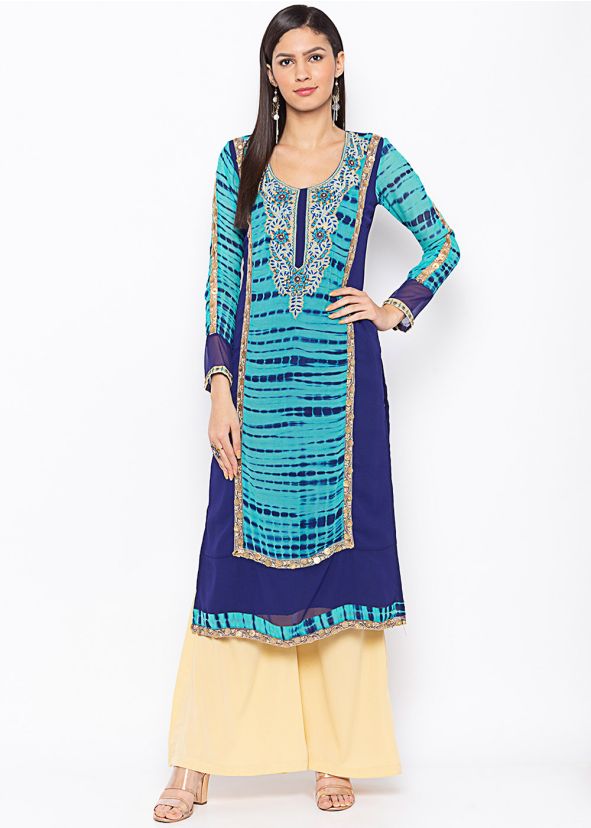 Blue Tie-Dye Printed Long Kurta With Palazzo