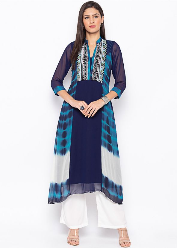 Blue Asymmetric Tie-Dye Printed Kurta Pant Set