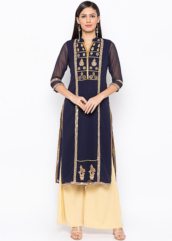 Navy Blue Embroidered Long Kurta With Palazzo