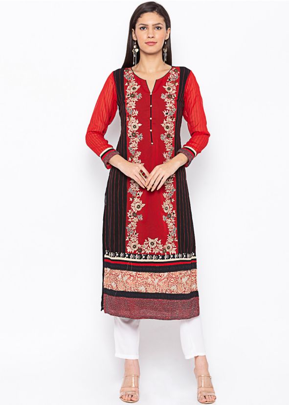 Red and Black Embroidered Long Kurta Pant Set