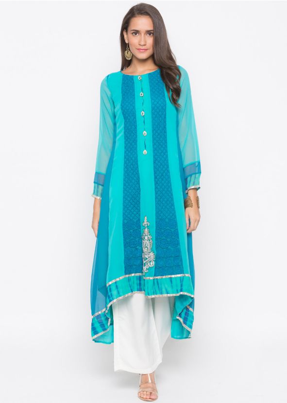 Turquoise Embroidered Asymmetric Kurta Pant Set