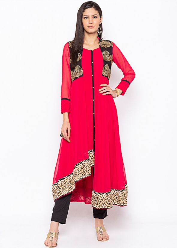 Red Asymmetric Embroidered Long Kurta Pant Set