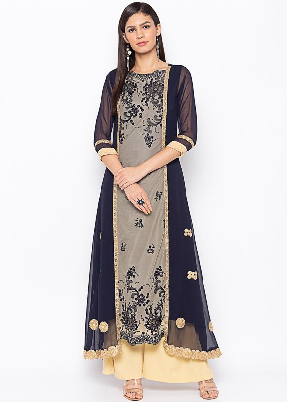 Navy Blue Embroidered Long Kurta With Palazzo