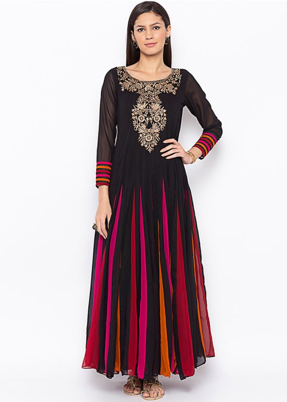 Multicolor Embroidered Long Kurta With Churidar