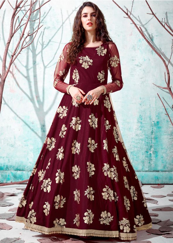 Maroon Readymade Net Gown For Party Wear