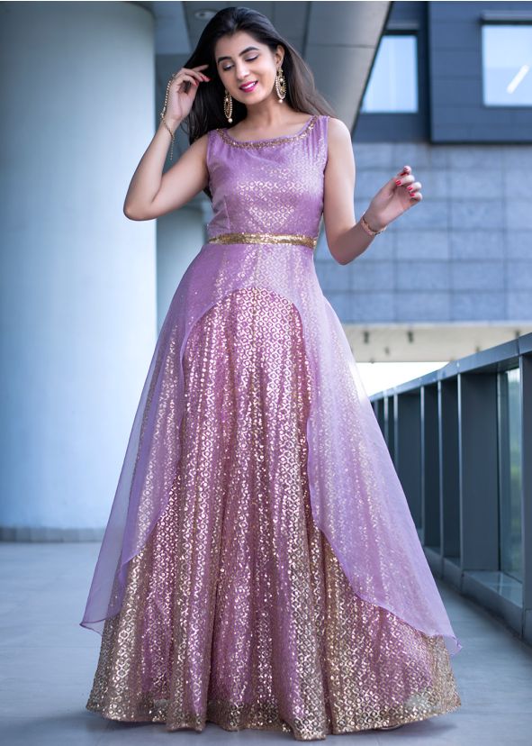 Purple Sequins Embroidered Readymade Gown In Net